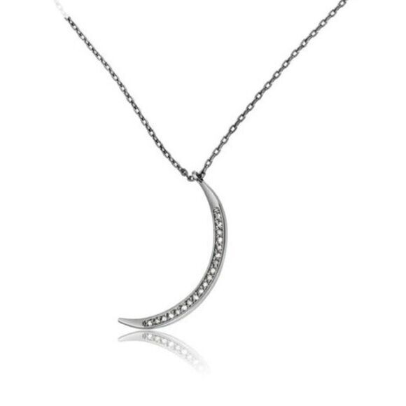 Sterling Silver Pave Diamond Crescent Moon Pendant Necklace - Picture 2 of 4